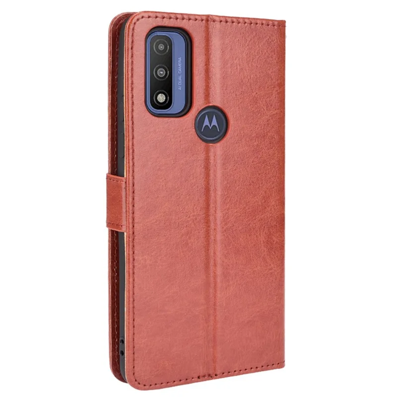 Ställbar böckesdesign med crazy horse-struktur, vikbar PU-läderfodral med rem för Motorola G Pure - Brun