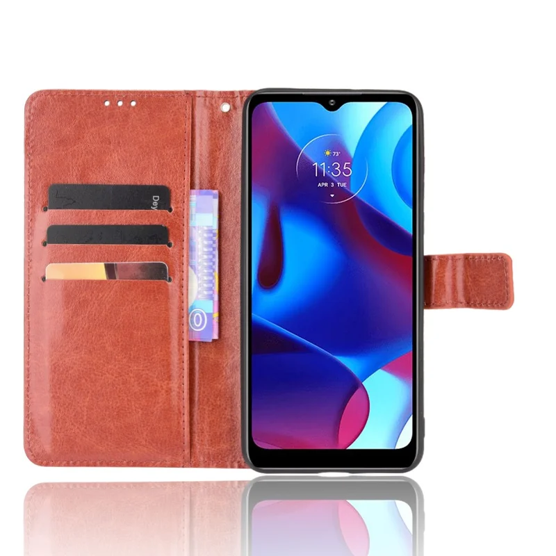 Ställbar böckesdesign med crazy horse-struktur, vikbar PU-läderfodral med rem för Motorola G Pure - Brun