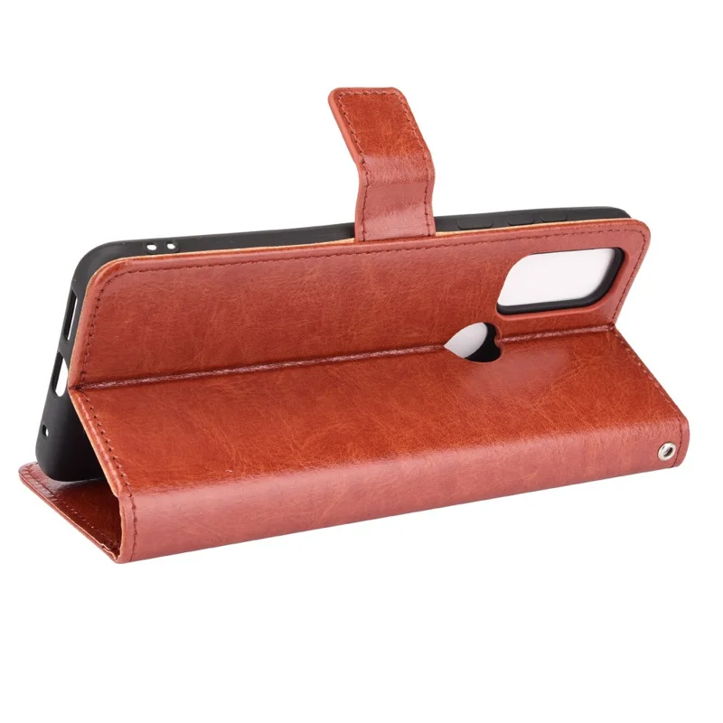 Ställbar böckesdesign med crazy horse-struktur, vikbar PU-läderfodral med rem för Motorola G Pure - Brun