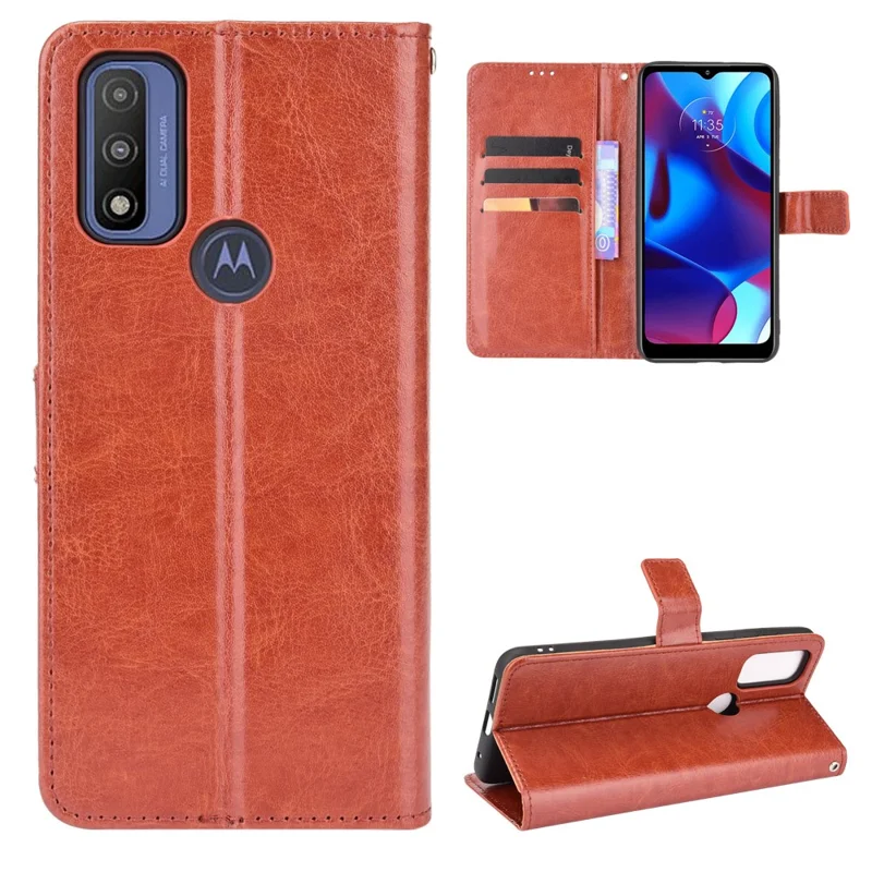 Ställbar böckesdesign med crazy horse-struktur, vikbar PU-läderfodral med rem för Motorola G Pure - Brun