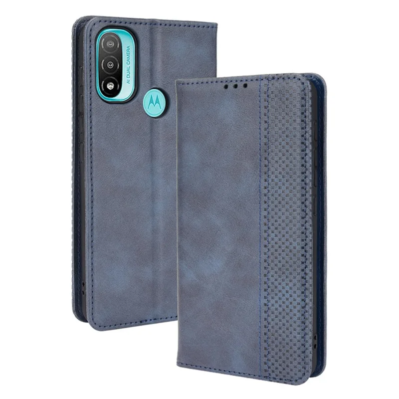 Cubierta Práctica de Soporte de Billetera Retro Textured Surfate Anti-Drop Telephone Case de Cuero Para Motorola Moto E20 - Azul