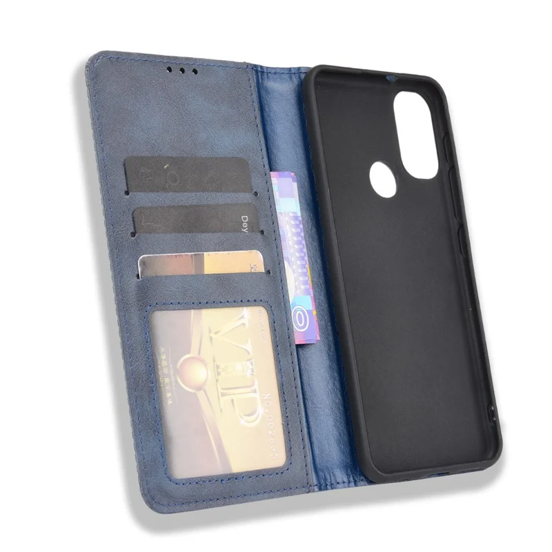 Cubierta Práctica de Soporte de Billetera Retro Textured Surfate Anti-Drop Telephone Case de Cuero Para Motorola Moto E20 - Azul