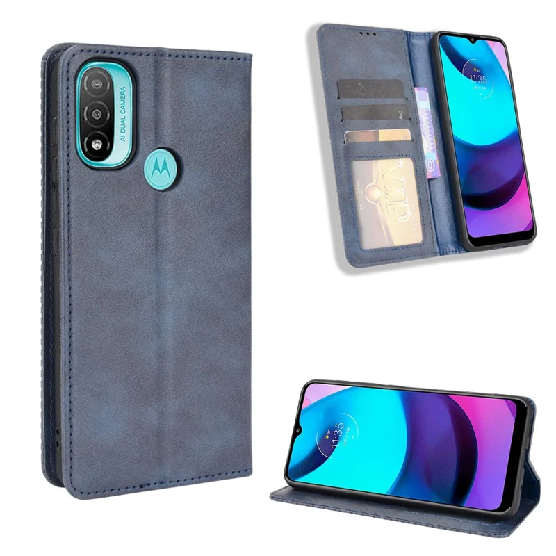 Cubierta Práctica de Soporte de Billetera Retro Textured Surfate Anti-Drop Telephone Case de Cuero Para Motorola Moto E20 - Azul