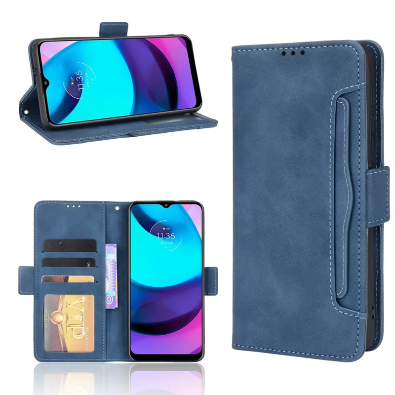 Funda de teléfono móvil resistente a los arañazos con múltiples ranuras para tarjetas, diseño de cartera de cuero sintético PU, protector para Motorola Moto E20 - Azul