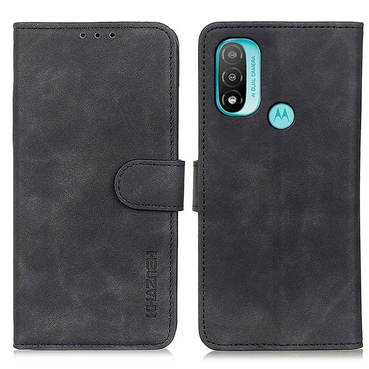 KHAZNEH Hands-Free Stand Vintage PU Leather Wallet Magnetic Closure Shockproof Flip Folio Case for Motorola Moto E20 / E30 / E40 - Nero