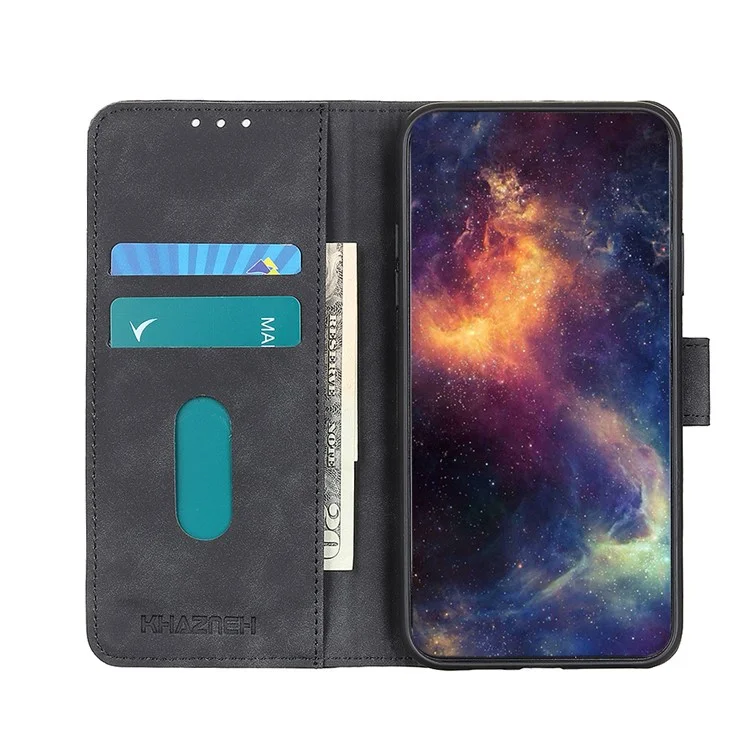 KHAZNEH Hands-Free Stand Vintage PU Leather Wallet Magnetic Closure Shockproof Flip Folio Case for Motorola Moto E20 / E30 / E40 - Nero