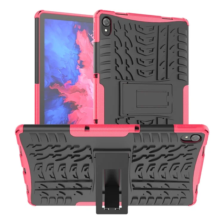 Tire Texture Kickstand Hybrid Hard PC Soft TPU Shockproof Protective Case for Lenovo Tab P11 TB-J606F / Tab P11 5G - Rose