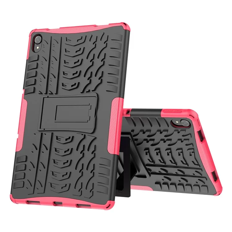 Tire Texture Kickstand Hybrid Hard PC Soft TPU Shockproof Protective Case for Lenovo Tab P11 TB-J606F / Tab P11 5G - Rose