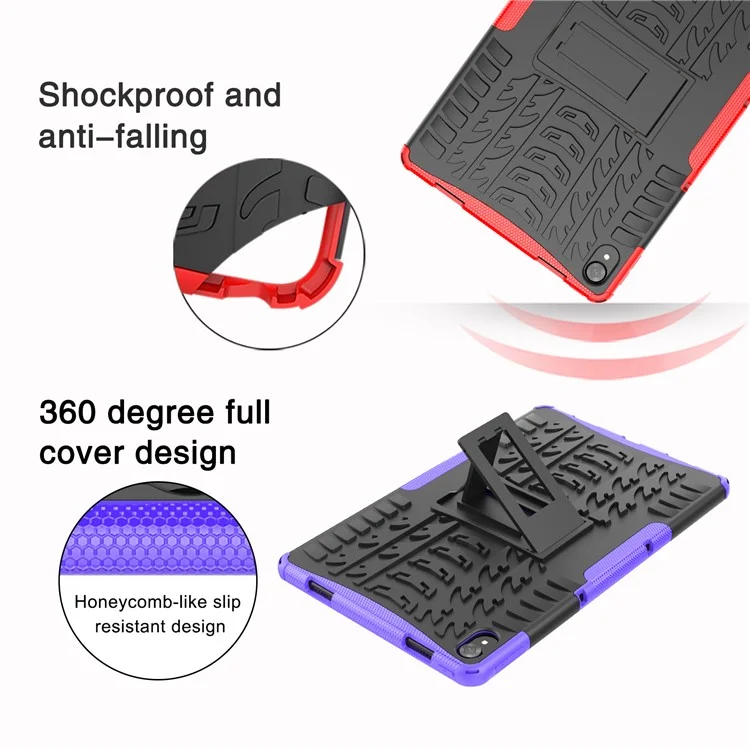 Tire Texture Kickstand Hybrid Hard PC Soft TPU Shockproof Protective Case for Lenovo Tab P11 TB-J606F / Tab P11 5G - Rose