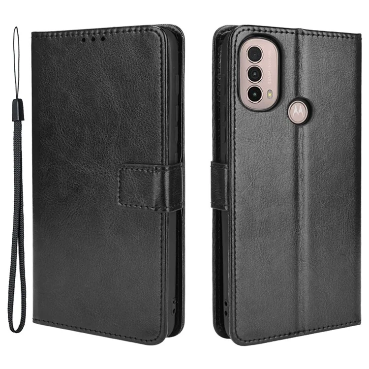 Crazy Horse Texture Portafoglio in Pelle PU Custodia Flip Folio Stand per Telefono con Cinturino da Polso Antigraffio Magnetico per Motorola Moto E20/E30/E40 - Nero 