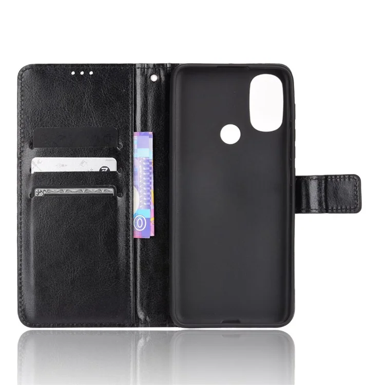 Crazy Horse Texture Portafoglio in Pelle PU Custodia Flip Folio Stand per Telefono con Cinturino da Polso Antigraffio Magnetico per Motorola Moto E20/E30/E40 - Nero 