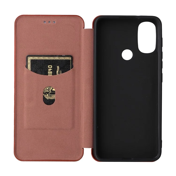 Carbon Fiber Texture PU Leather Drop-proof Magnetic Auto Closing Stand Case with Card Slot and Ring Strap for Motorola Moto E30/E40 - Orange