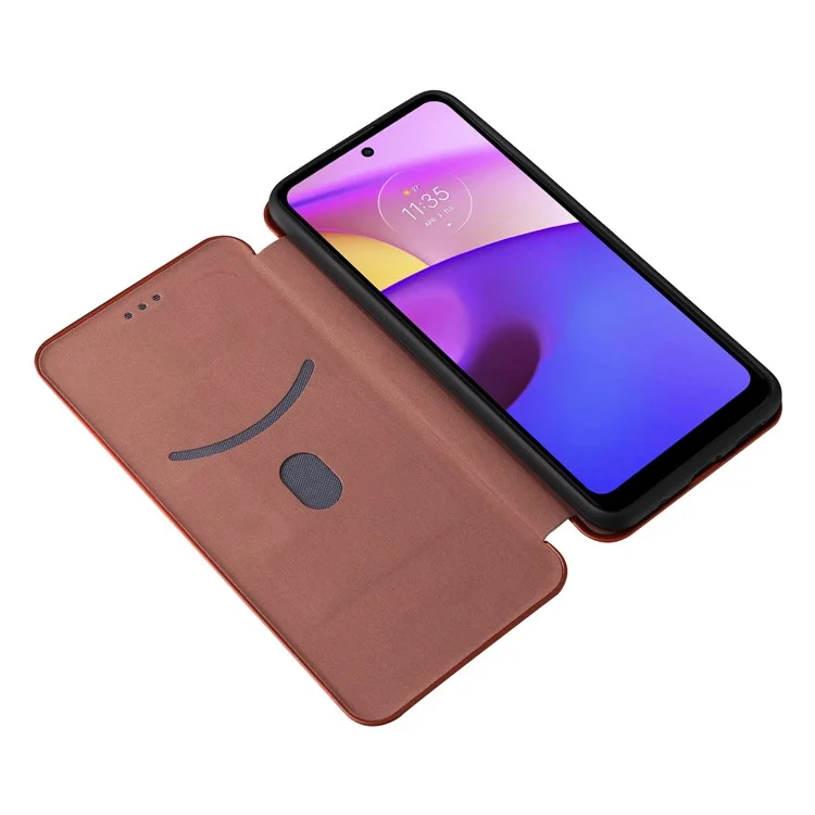 Carbon Fiber Texture PU Leather Drop-proof Magnetic Auto Closing Stand Case with Card Slot and Ring Strap for Motorola Moto E30/E40 - Orange