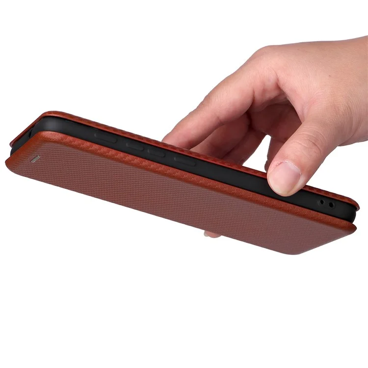 Carbon Fiber Texture PU Leather Drop-proof Magnetic Auto Closing Stand Case with Card Slot and Ring Strap for Motorola Moto E30/E40 - Orange