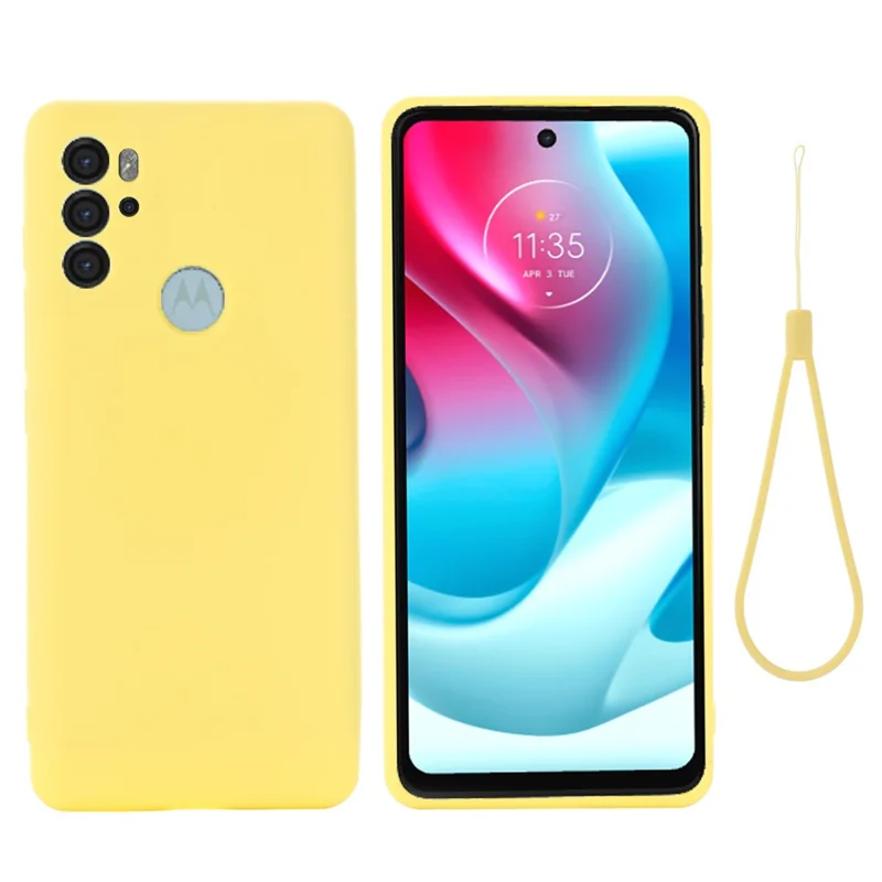Anti-scratch Soft Liquid Silicone Phone Protective Case Cover with Wrist Strap for Motorola Moto G60S - Yellow
