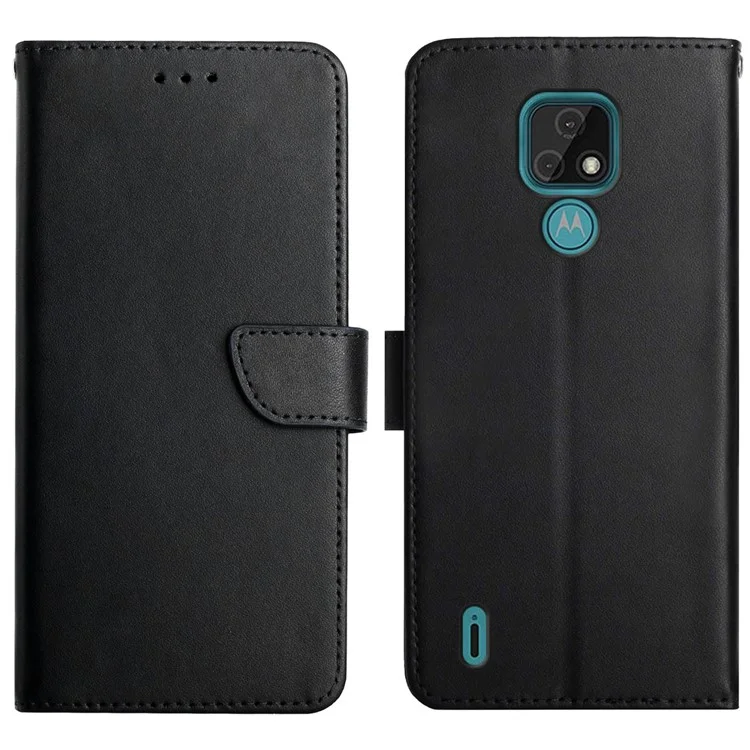 Nappa Texture Shell Genuine Leather Wallet Folio Flip Protective Case with Adjustable Stand for Motorola Moto E7 - Black