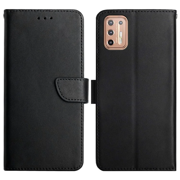 Nappa Texture Genuine Leather Wallet Folio Flip Protective Case with Hands-free Stand for Motorola Moto G9 Plus - Black