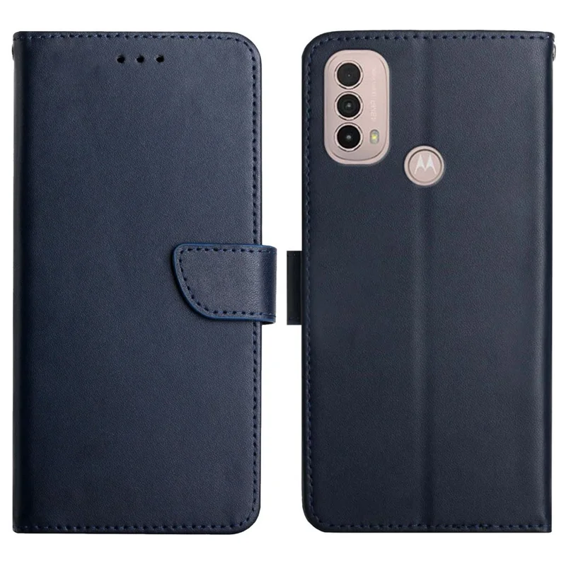 Nappa Texture Mobile Phone Shell Genuine Leather Wallet Stand Protective Case for Motorola Moto E20/E30/E40 - Blue