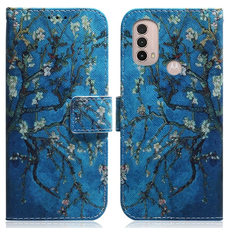 Pattern Printing Magnetic Closure PU Leather Case Stand Wallet Soft TPU Inner Phone Cover for Motorola Moto E20 / E30 / E40 - Apricot Blossom