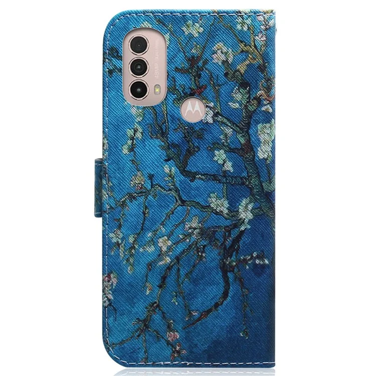 Pattern Printing Magnetic Closure PU Leather Case Stand Wallet Soft TPU Inner Phone Cover for Motorola Moto E20 / E30 / E40 - Apricot Blossom