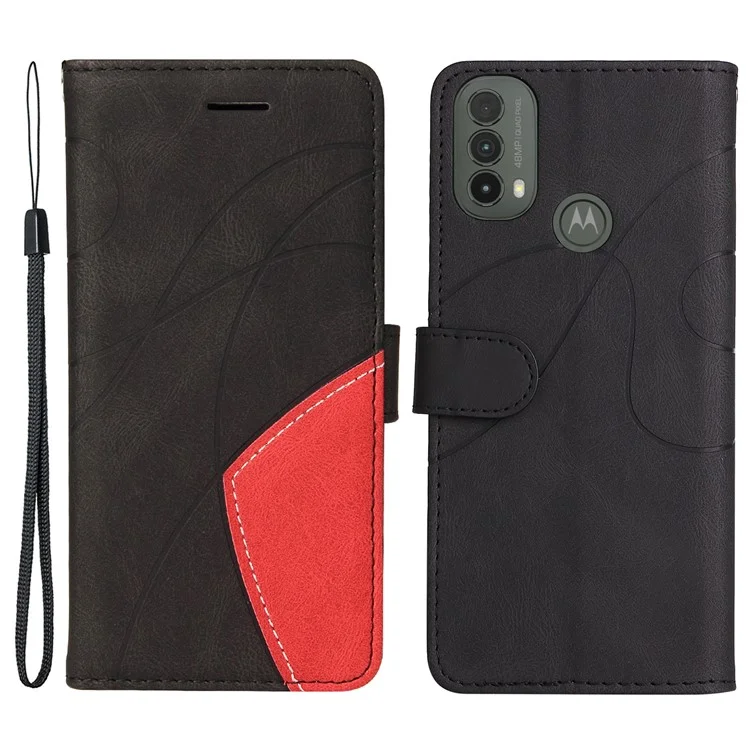 Série Couro KT-1 Capa Carteira de Couro PU Resistente a Choques com Detalhes Bicolores para Motorola Moto E20/E30/E40, com Alça de Mão - Preta 