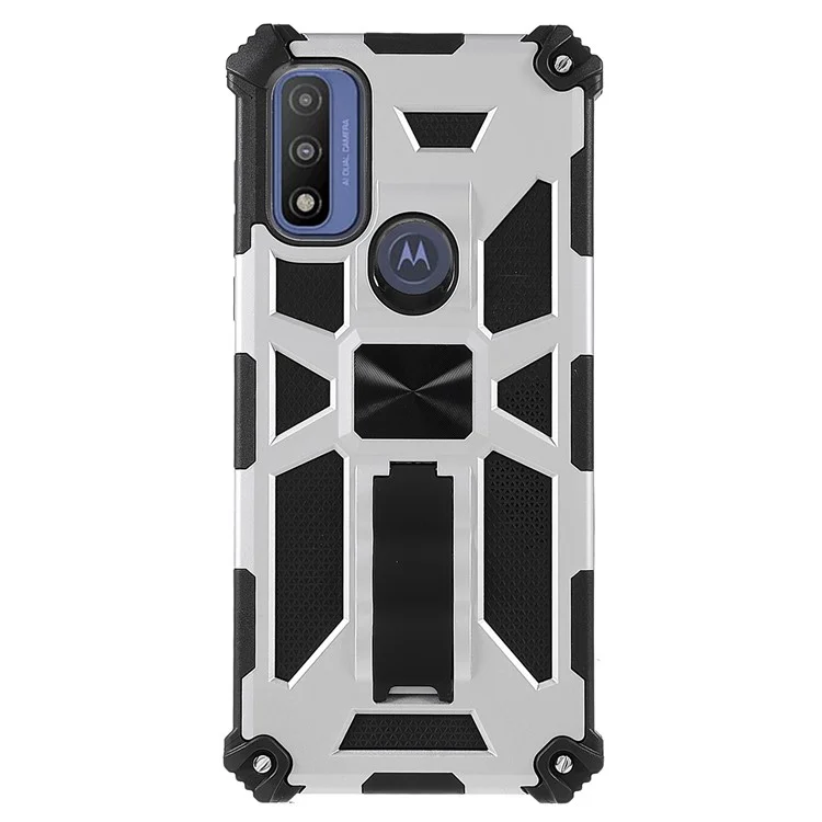 For Motorola G Pure Military Grade Scratch-resistant Built-in Kickstand Hybrid Hard PC Soft TPU Phone Case Cover - Silver