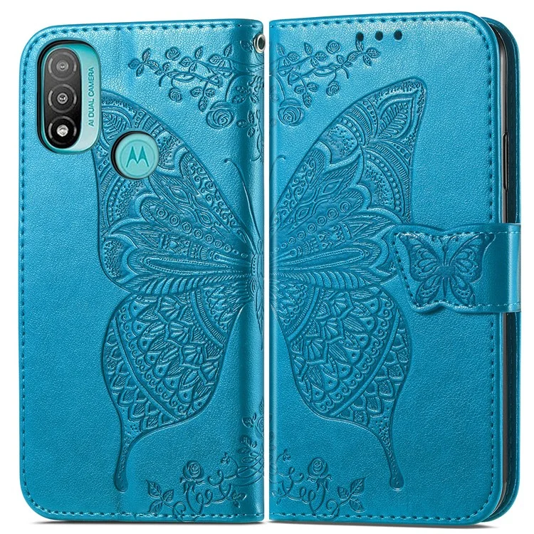 Custodia per telefono Motorola Moto E20 in pelle PU con stampa a farfalla + TPU antiurto, con chiusura magnetica, supporto e tracolla - Blu