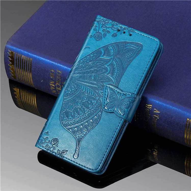 Butterfly Flower Imprinted PU Leather + TPU Shockproof Phone Case Magnetic Clasp Flip Stand Cover with Strap for Motorola Moto E20 - Blue