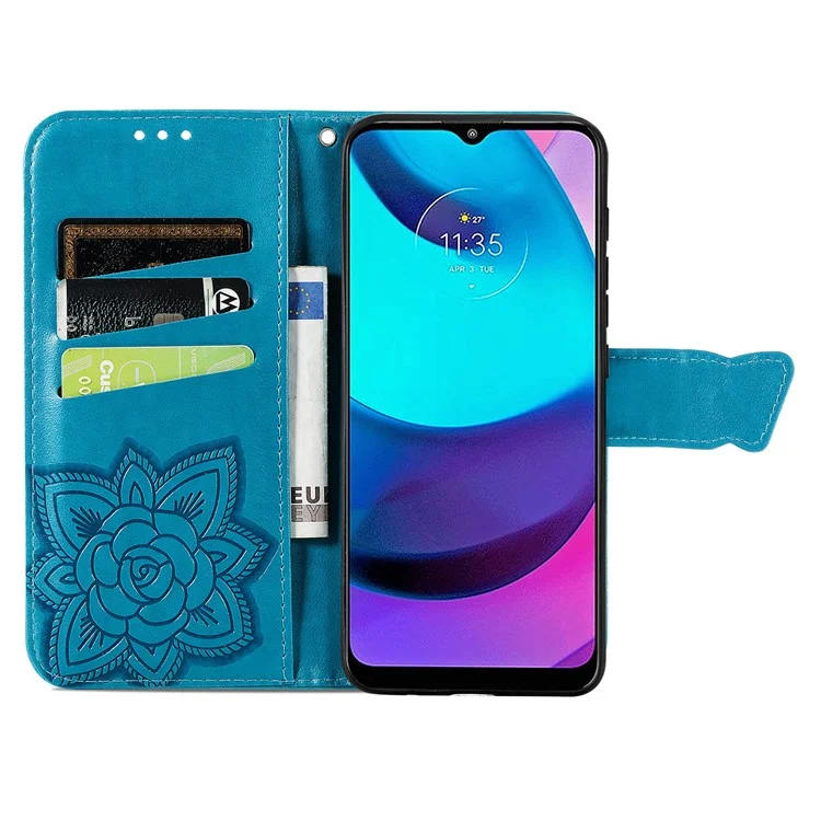 Custodia per telefono Motorola Moto E20 in pelle PU con stampa a farfalla + TPU antiurto, con chiusura magnetica, supporto e tracolla - Blu