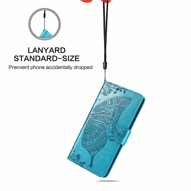 Custodia per telefono Motorola Moto E20 in pelle PU con stampa a farfalla + TPU antiurto, con chiusura magnetica, supporto e tracolla - Blu