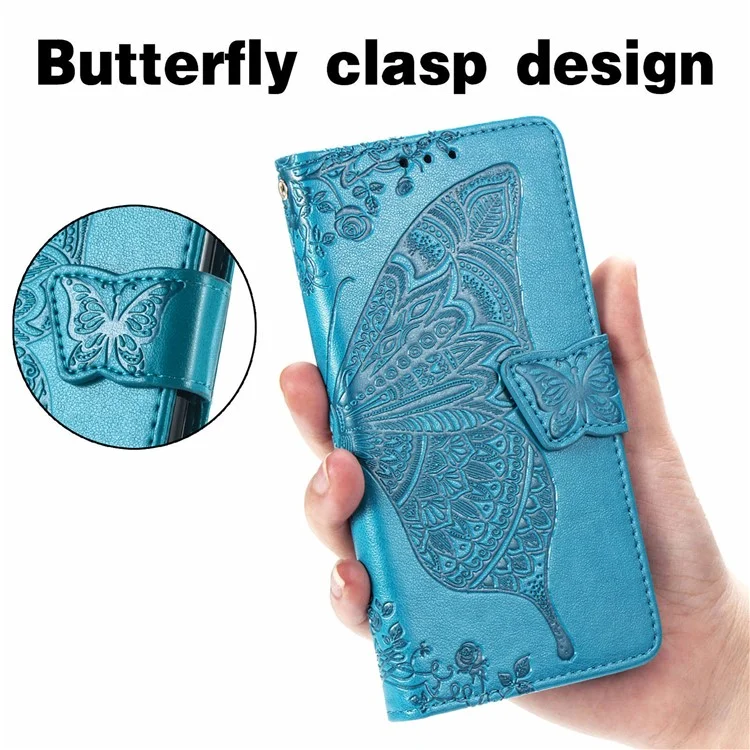 Custodia per telefono Motorola Moto E20 in pelle PU con stampa a farfalla + TPU antiurto, con chiusura magnetica, supporto e tracolla - Blu