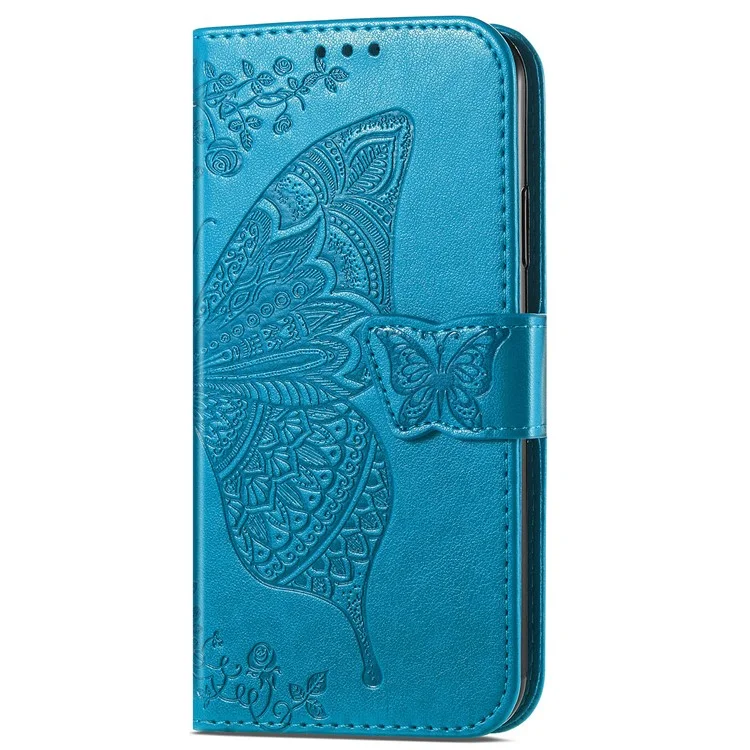 Custodia per telefono Motorola Moto E20 in pelle PU con stampa a farfalla + TPU antiurto, con chiusura magnetica, supporto e tracolla - Blu