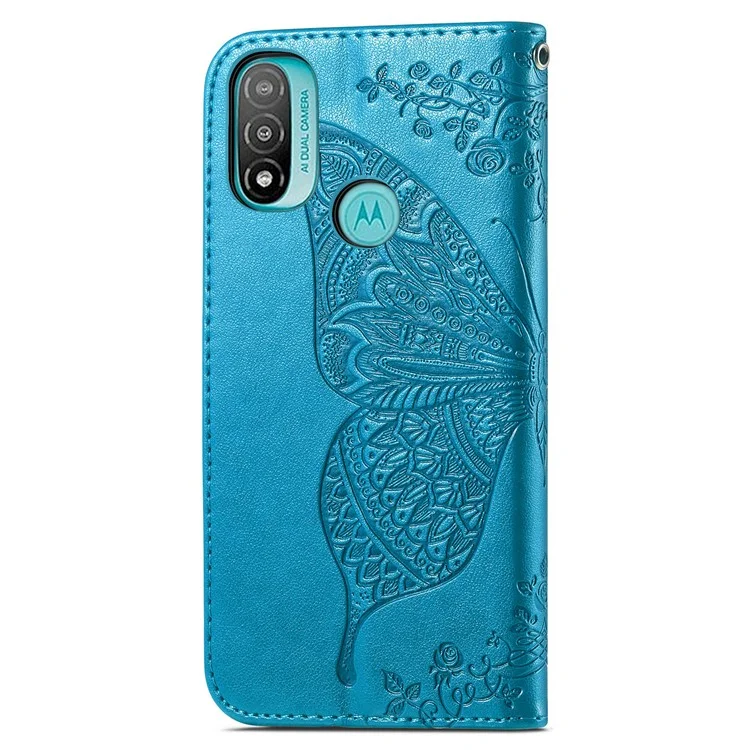 Отпечатанная на Бабочке Кожа PU + TPU Shockper Phone Case Magnetic Clapp Cover Stand с Ремешком Для Motorola Moto E20 - Синий