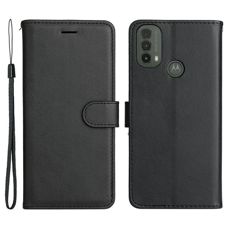 For Motorola Moto E40 / E30 / E20 Case Solid Color Leather Mobile Cover Wallet Stand with Strap - Black