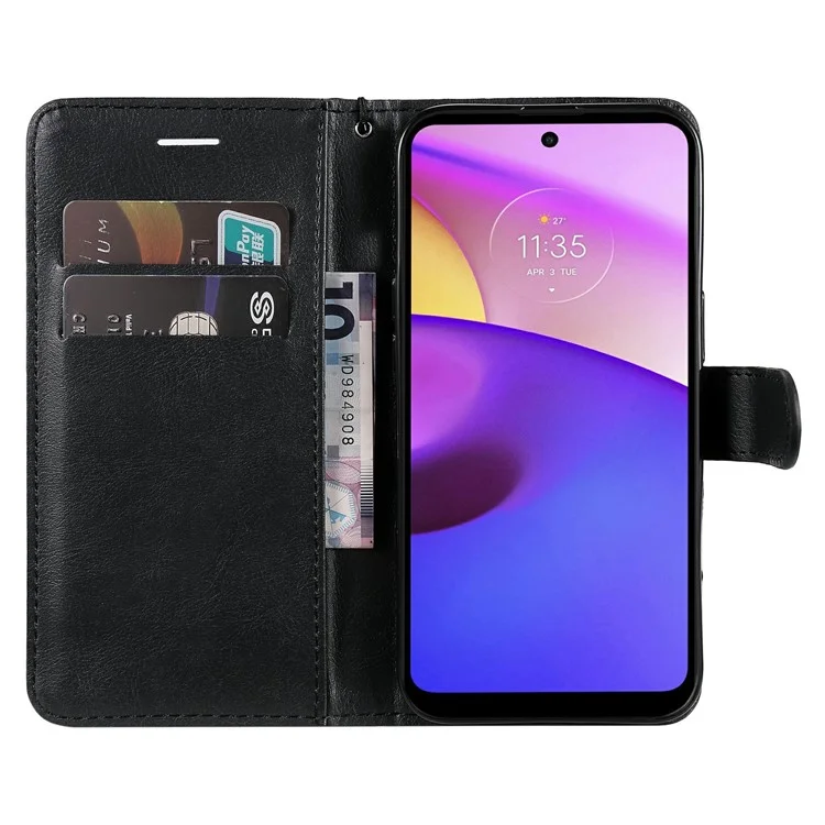 For Motorola Moto E40 / E30 / E20 Case Solid Color Leather Mobile Cover Wallet Stand with Strap - Black