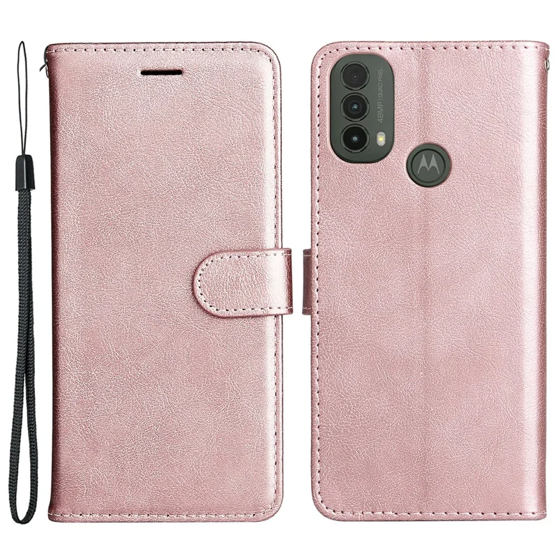 For Motorola Moto E40 / E30 / E20 Case Solid Color Leather Mobile Cover Wallet Stand with Strap - Rose Gold