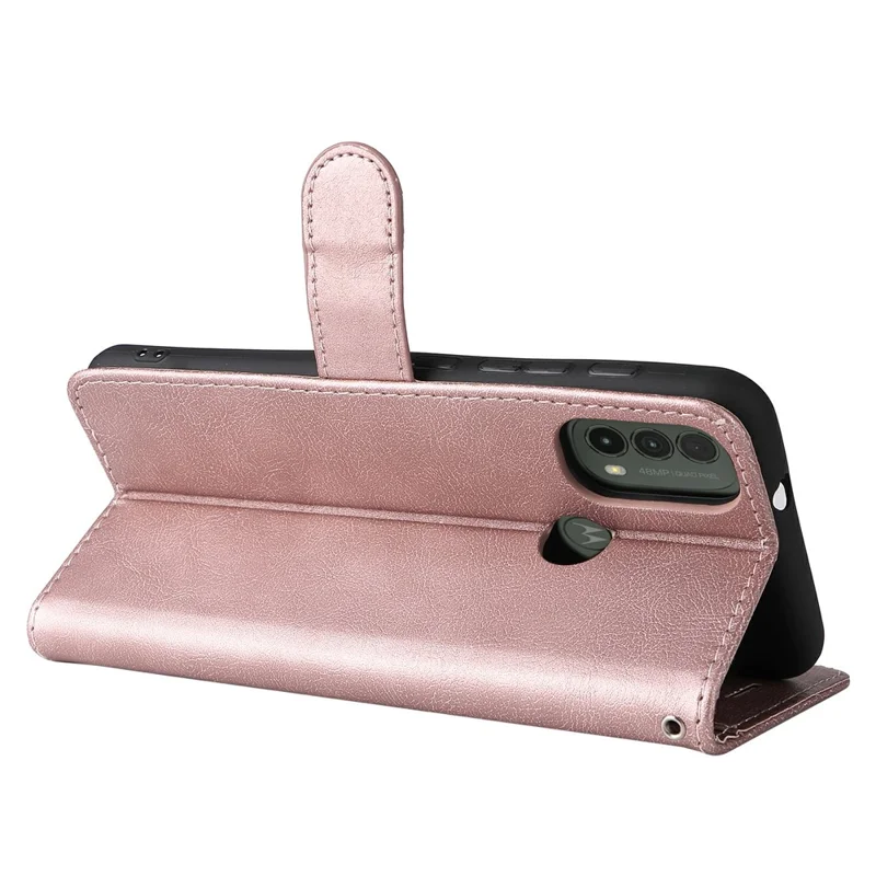 For Motorola Moto E40 / E30 / E20 Case Solid Color Leather Mobile Cover Wallet Stand with Strap - Rose Gold