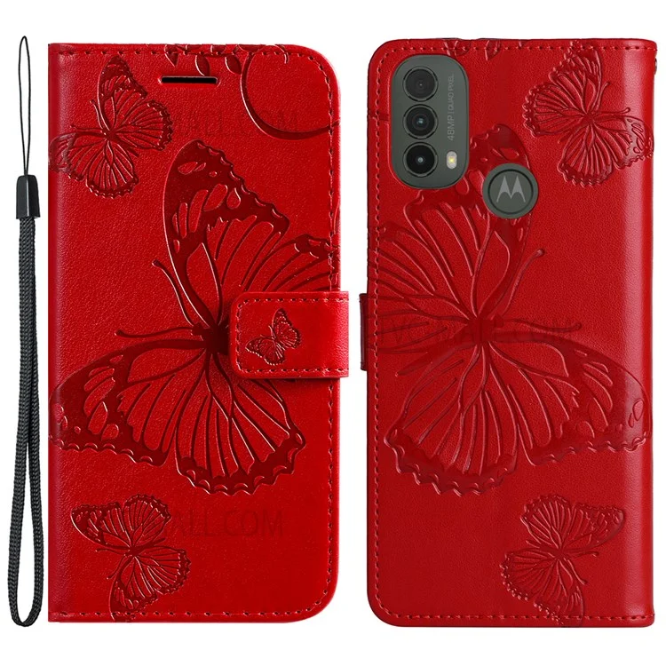 For Motorola Moto E20 / E30 / E40 Wallet Case Floral Butterfly Imprinted Leather Phone Cover Stand - Red