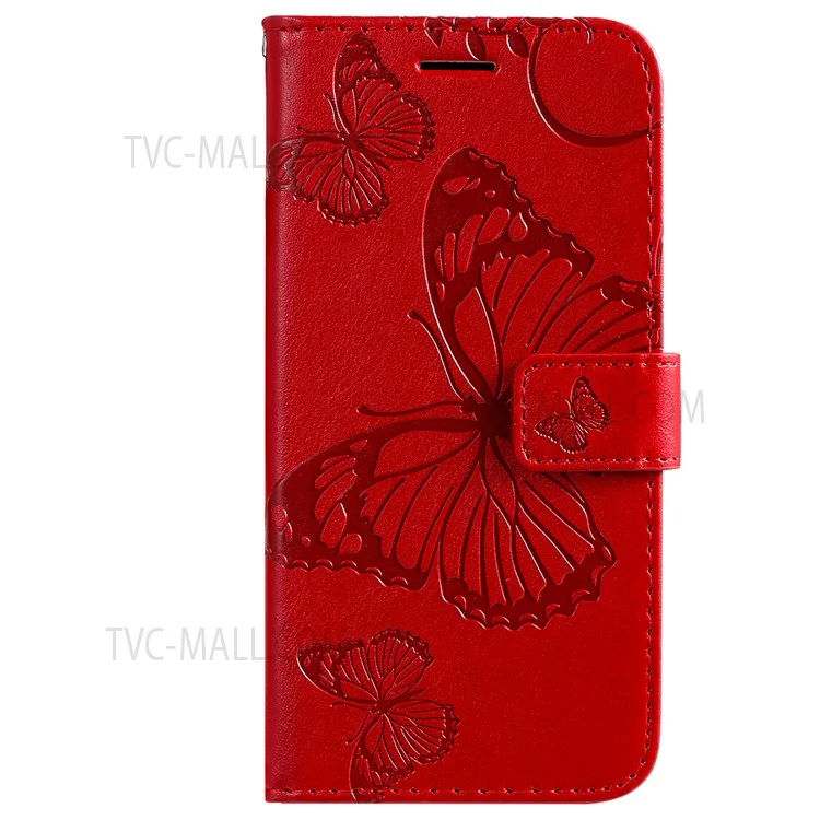 For Motorola Moto E20 / E30 / E40 Wallet Case Floral Butterfly Imprinted Leather Phone Cover Stand - Red