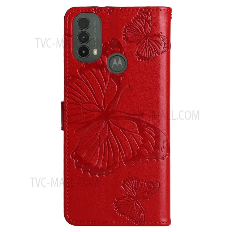 For Motorola Moto E20 / E30 / E40 Wallet Case Floral Butterfly Imprinted Leather Phone Cover Stand - Red