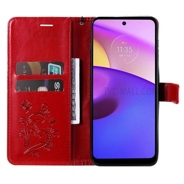For Motorola Moto E20 / E30 / E40 Wallet Case Floral Butterfly Imprinted Leather Phone Cover Stand - Red
