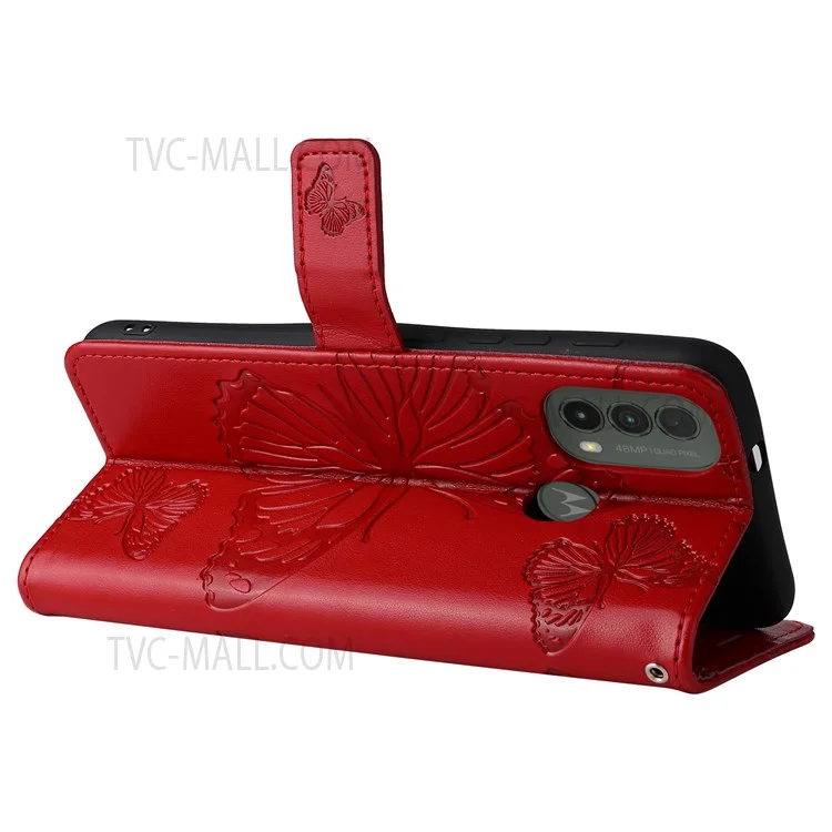 For Motorola Moto E20 / E30 / E40 Wallet Case Floral Butterfly Imprinted Leather Phone Cover Stand - Red