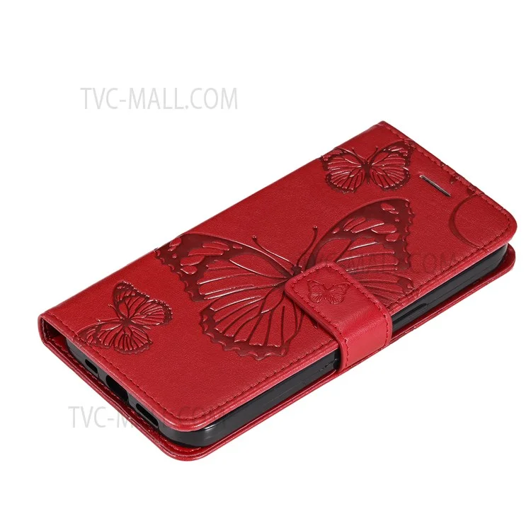 For Motorola Moto E20 / E30 / E40 Wallet Case Floral Butterfly Imprinted Leather Phone Cover Stand - Red