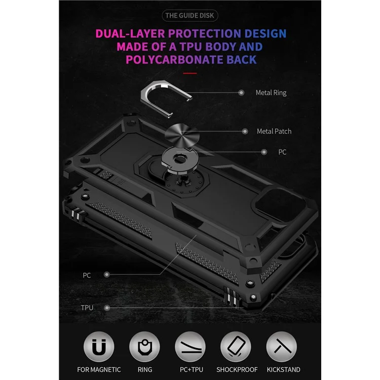 Anti-Drop Hard PC Soft TPU TPU Amplia-protective Protective Con Soporte de Patada de Anillo Con Soporte de Automóvil Magnético Para Motorola Moto G50 5G - Negro