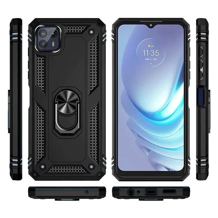Anti-Drop Hard PC Soft TPU TPU Amplia-protective Protective Con Soporte de Patada de Anillo Con Soporte de Automóvil Magnético Para Motorola Moto G50 5G - Negro