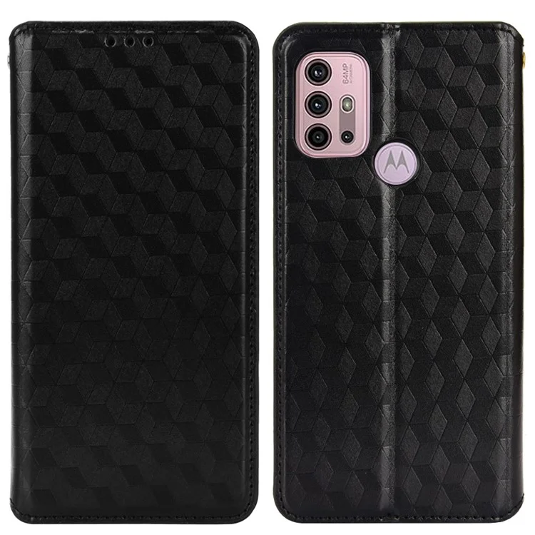 Étui portefeuille en cuir magnétique à motif rhomboïdal 3D pour Motorola Moto G10/G20/G30/G10 Power - Noir