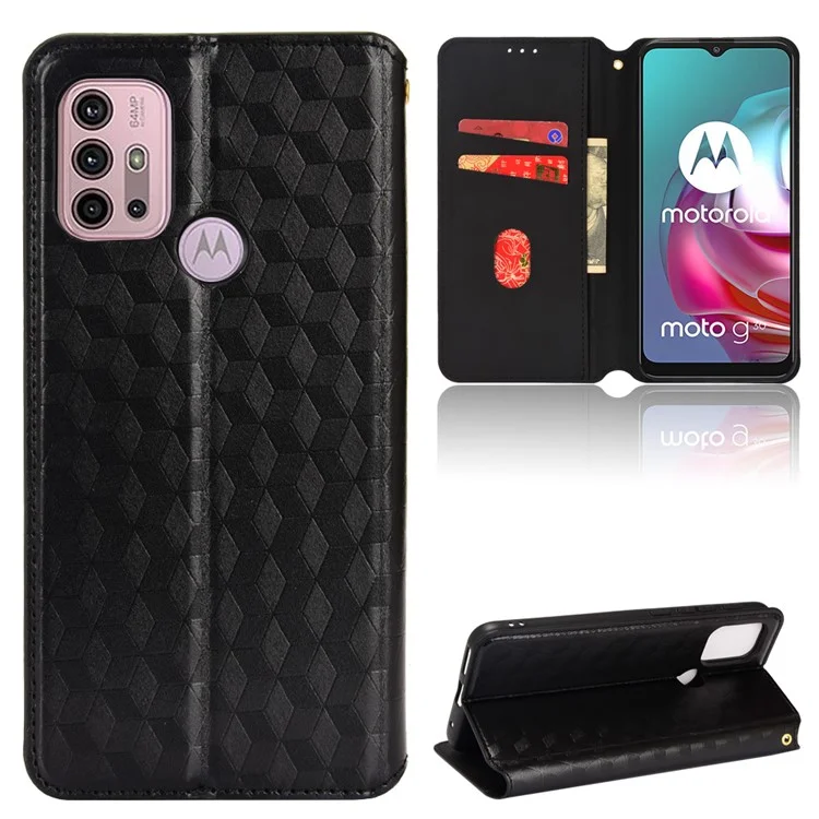 Étui portefeuille en cuir magnétique à motif rhomboïdal 3D pour Motorola Moto G10/G20/G30/G10 Power - Noir