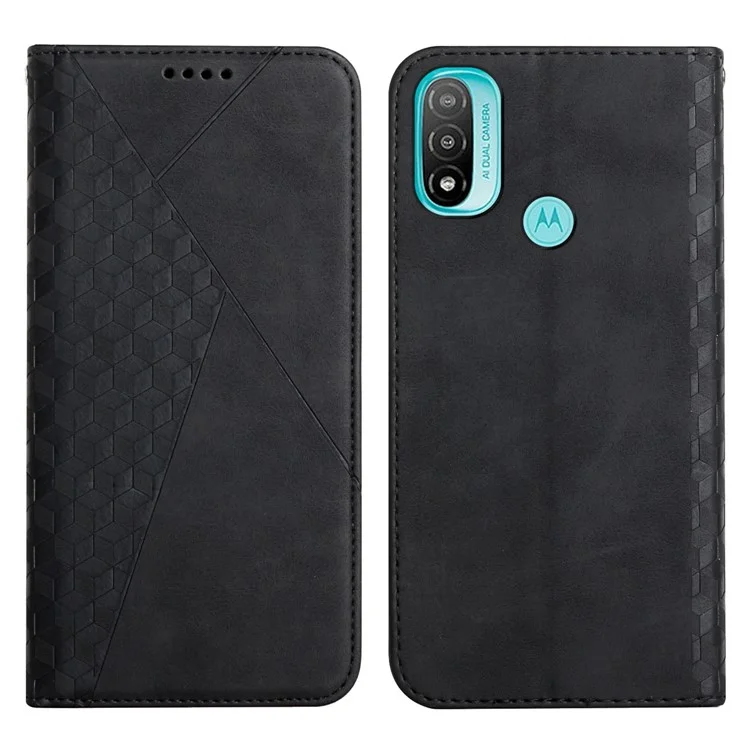 Custodia Interna Soft TPU + Cover Telefono in Pelle Touch Skin-touch Motivo Rombo Auto-assorbito Chiusura Magnetica Stand Shell per Motorola Moto E20/E30/E40 - Nero