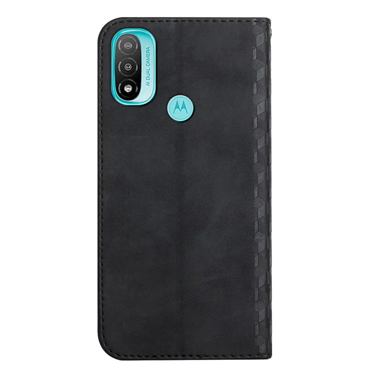 Custodia Interna Soft TPU + Cover Telefono in Pelle Touch Skin-touch Motivo Rombo Auto-assorbito Chiusura Magnetica Stand Shell per Motorola Moto E20/E30/E40 - Nero