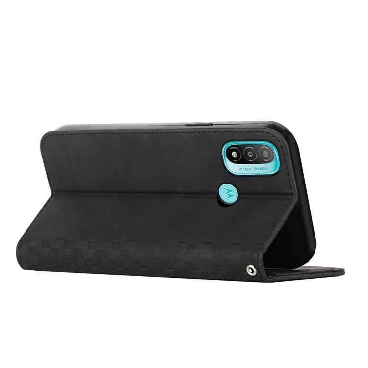 Custodia Interna Soft TPU + Cover Telefono in Pelle Touch Skin-touch Motivo Rombo Auto-assorbito Chiusura Magnetica Stand Shell per Motorola Moto E20/E30/E40 - Nero